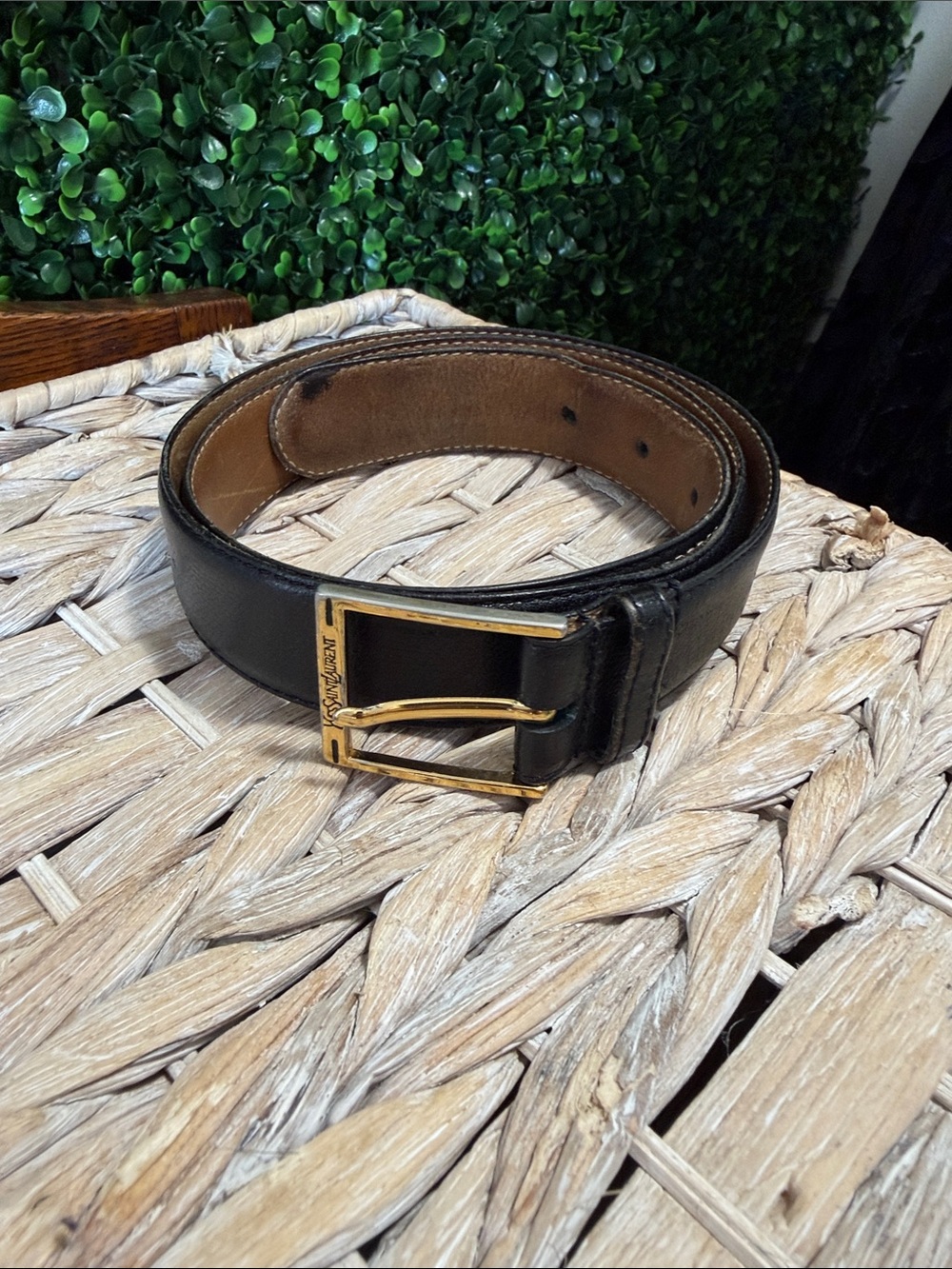 Yves Saint Laurent Black Leather Belt with Gold Buckle